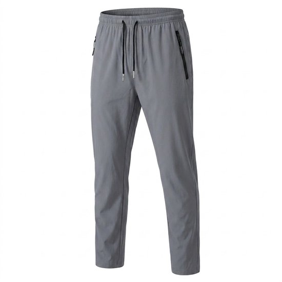 Grijze sportbroek met ritszakken, elastische tailleband en trekkoord.