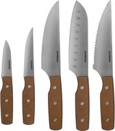 Combekk Keukenmessen - Gerecycled RVS - FSC Woodfibre heft - Set van 5; Schilmes, Universeel mes, Koksmes, Santoku mes, Broodmes - Bruin