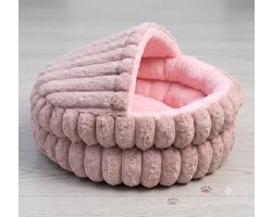 Sir.Pawsalot Panier de luxe couvert pour chat et chien - Lit donut côtelé avec toit - Cachette igloo - Coussin anti-stress lavable - Ø 60 cm - Vieux Rose