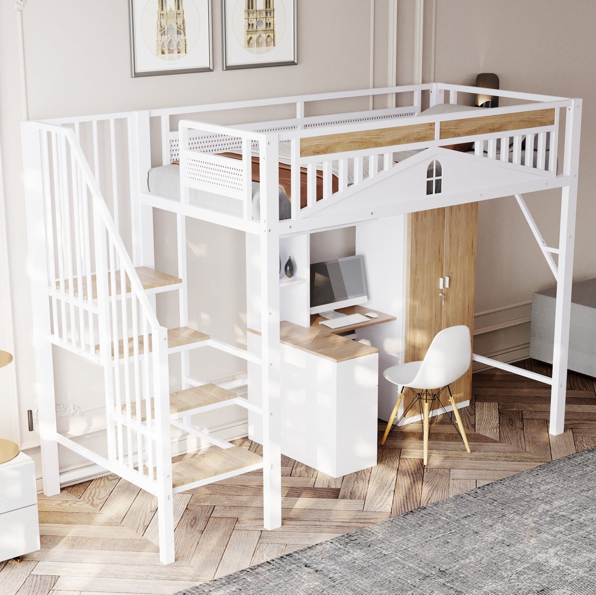 MEUNIQ hoogslaper 90x200 cm met veiligheidsladder, opbergruimte in treden, uitvalbeveiliging en ruimte onder het bed voor kinderkamer, wit