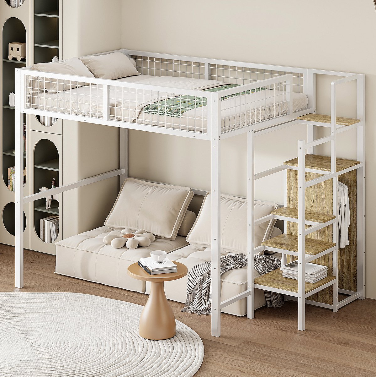 MEUNIQ Hoogslaper 140x200 met veiligheidsladder, metalen bedframe, lattenbodem en opbergruimte voor kinderkamer, wit White