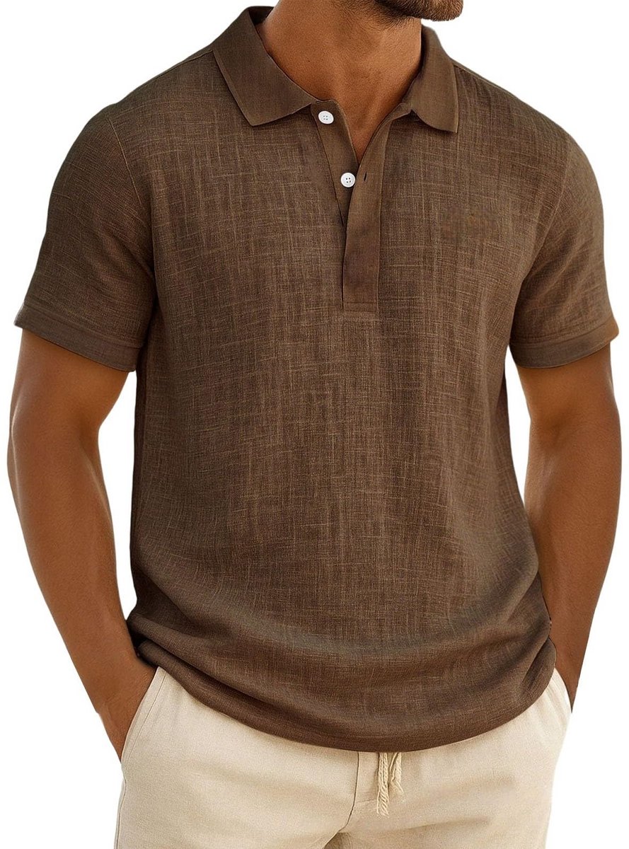 Heren poloshirts linnen korte mouw normaal T-shirt tops zomer casual sport golf poloshirts werkkleding met zak Bruin