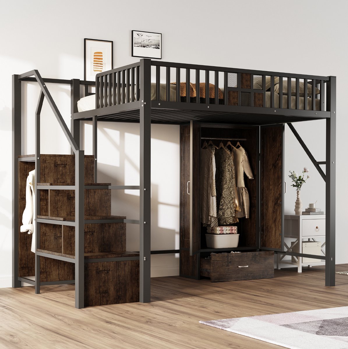 MEUNIQ Metalen hoogslaper 140 x 200 cm met kledingkast, lade en opbergleider, bed met opbergruimte voor slaapkamer, zwart Black