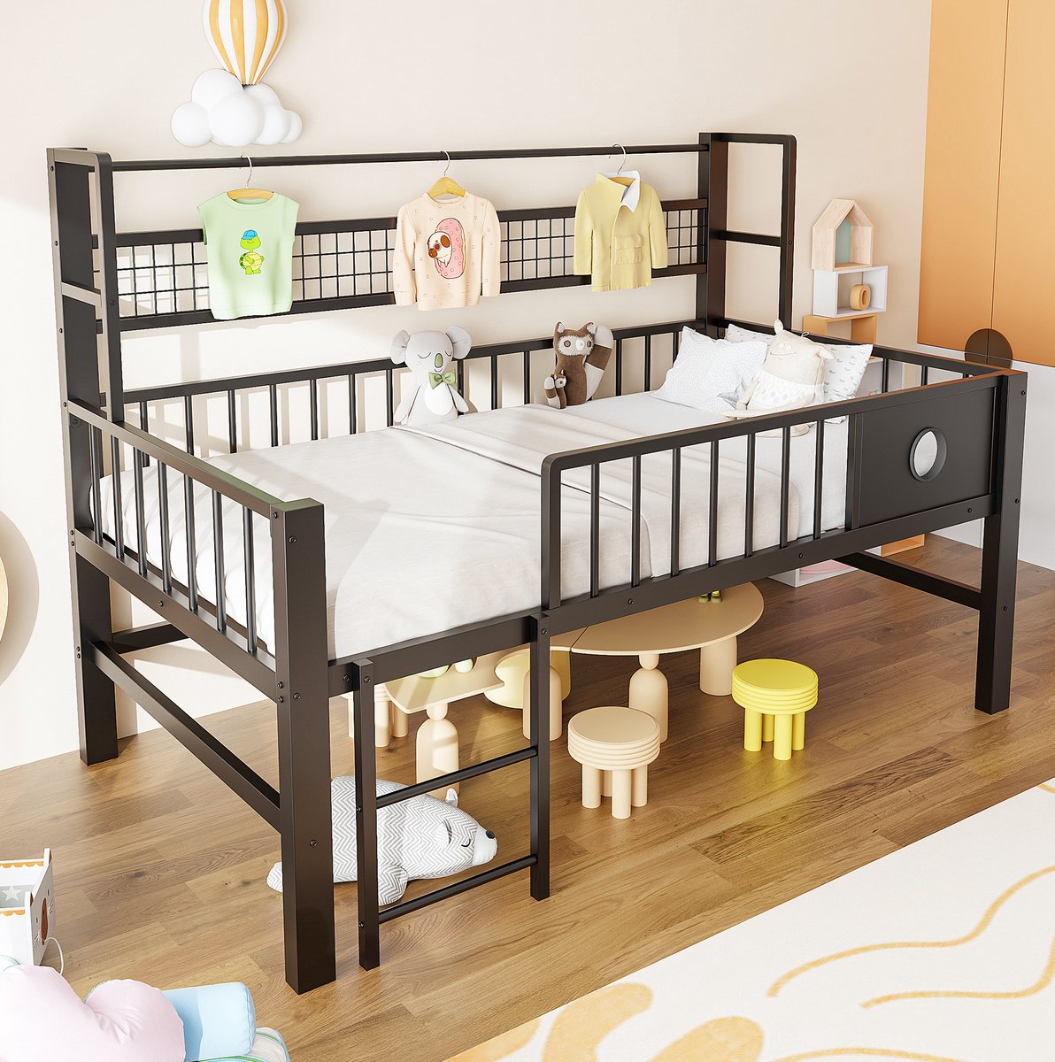 MEUNIQ Kinderbed 90x200 cm halfhoogslaper met metalen frame, veiligheidshekken, kledingstang en opbergruimte voor kinderkamer, zwart