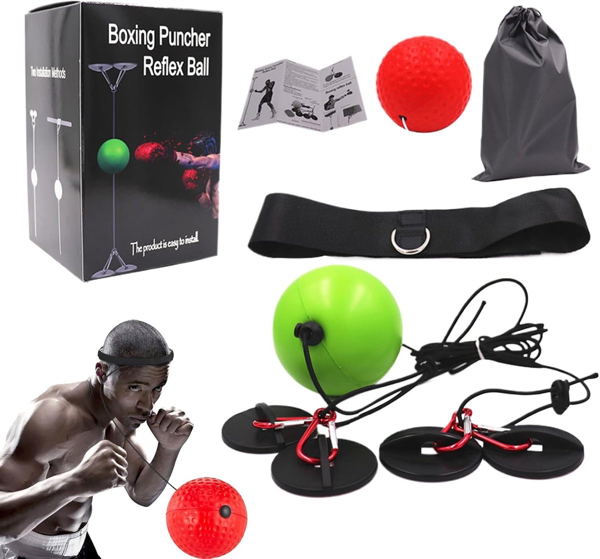 Reflecterende Boksbal - Trainingsbal - Verbeteren Vaardigheden - Boorvrije Installatie - 93 cm - Zwart