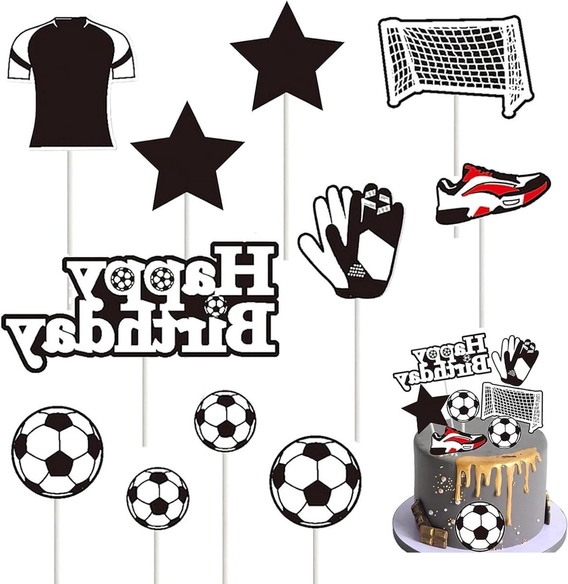 Voetbal Taartdecoratie, 11-delige Set voor Verjaardagen, Ideaal voor Jongens en Mannen, Feestelijke Versiering, DIY Voetbalthema Taartdecoratie