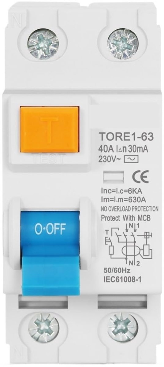 Aardlekschakelaar - Veiligheidsschakelaar - Elektrische Beveiliging - Elektromechanisch Type - 2P 63A 30mA - Grijs