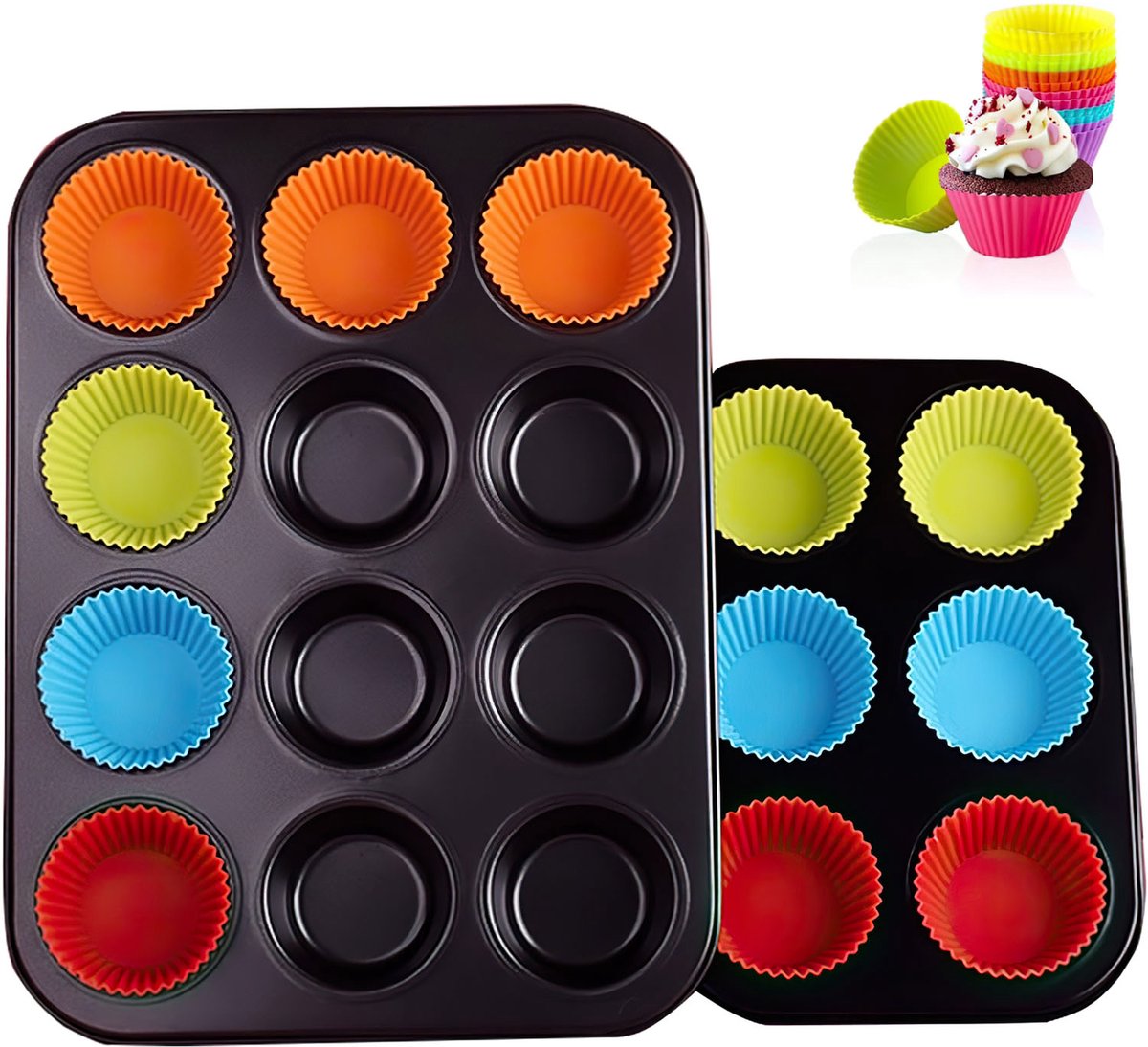 12-Cups Muffinvorm Set van 2 met 24 Siliconen Bakvormpjes - Anti-aanbak Cupcakevorm van Koolstofstaal voor Muffins en Cupcakes