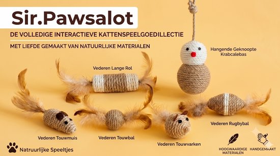 Jouets pour chats Sir.Pawsalot : poisson, souris, balle et oiseau en corde avec plumes. Texte : 100% matériaux naturels, fait main.