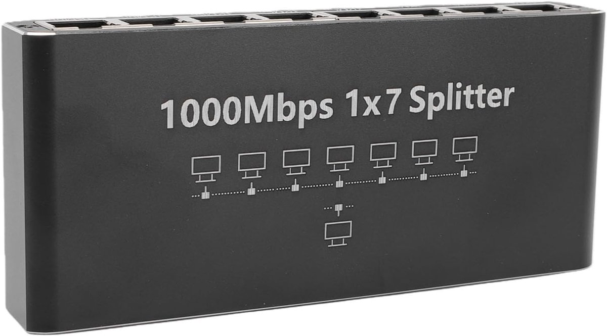 Ethernet Splitter - RJ45 Splitter - Netwerk Uitbreiden - 1 op 7 poorten - 1000 Mbps - Zwart