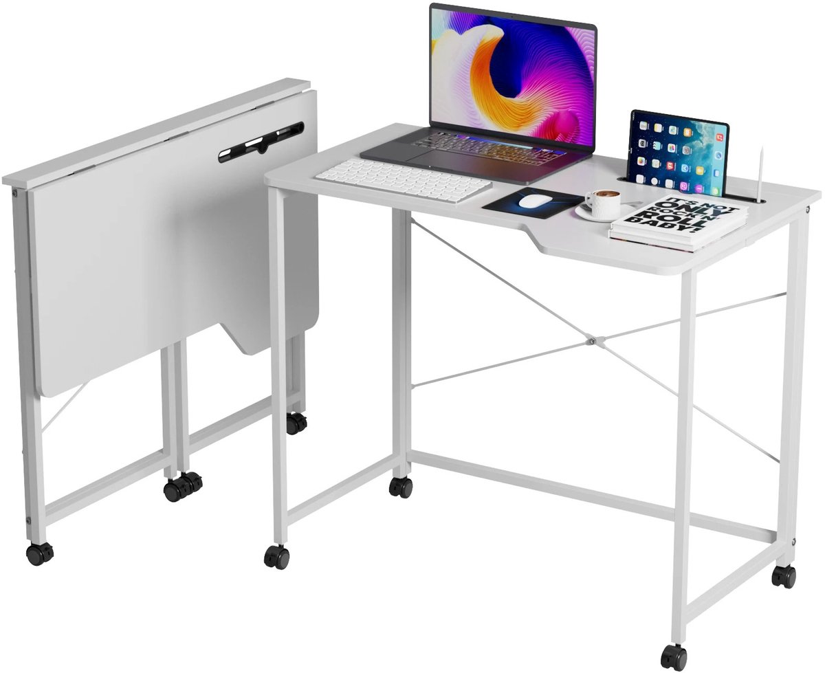 Dailygoods Opklapbaar bureau 90x56x75cm, bureautafel met kaartsleuf, laptopbureau met 4 wielen, opvouwbaar voor kleine r