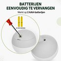 Wit ovaal speeltje met schroevendraaier die een batterijcompartiment opent. Twee AAA-batterijen worden getoond.