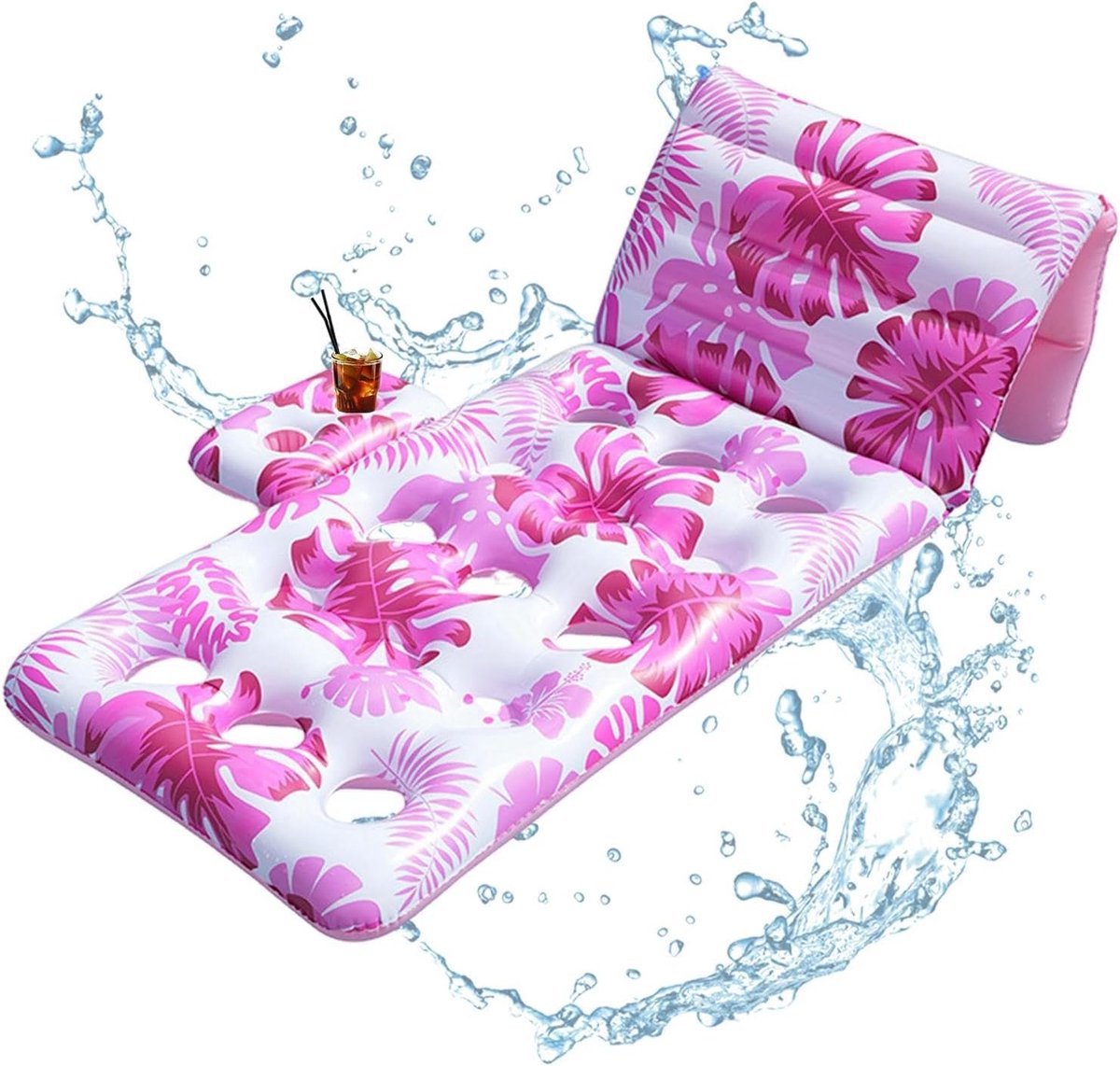 Opblaasbaar Vlot - Lounge Stoel - Zomerse Ontspanning - Met Bekerhouder - 160x80 cm - Roze