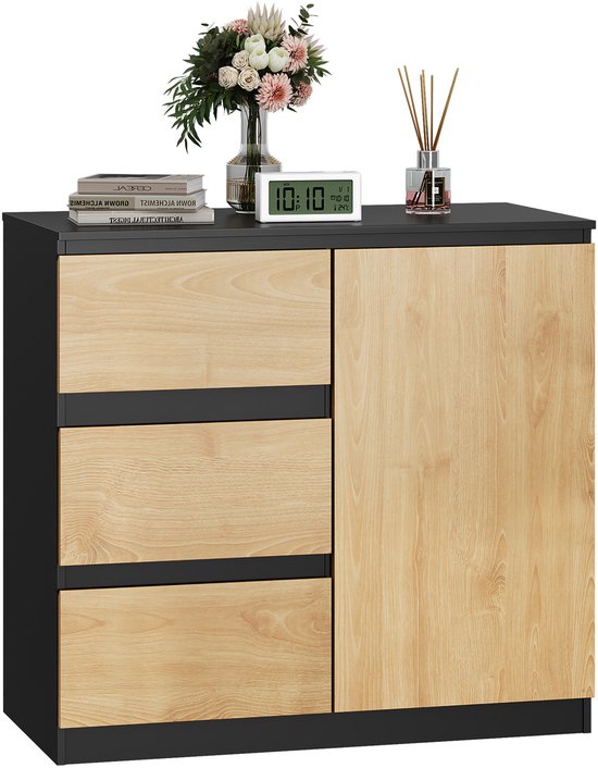Meuble noir avec trois tiroirs en bois sur le côté gauche et une porte de placard en bois sur le côté droit.