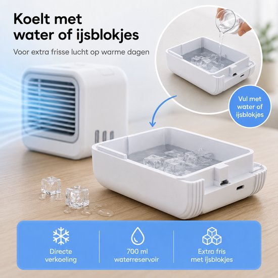 Witte aircooler koelt met water en ijsblokjes voor extra frisse lucht. 700 ml waterreservoir.