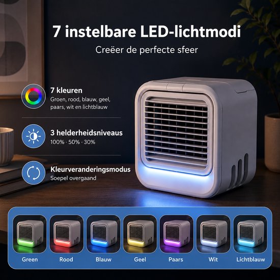 Witte aircooler met 7 instelbare LED-kleuren: groen, rood, blauw, geel, paars, wit en lichtblauw. 3 helderheidsniveaus.