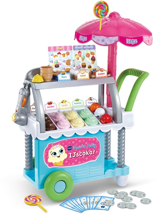 Blauw-witte VTech Smul & Schep IJscokar met roze parasol, lolly's, diverse ijsjes en munten.