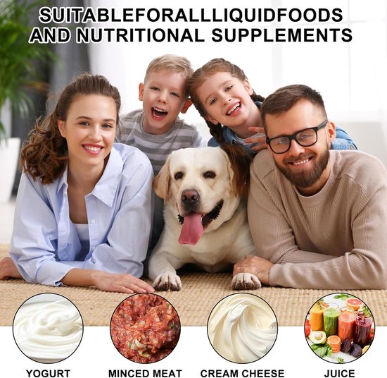 Een gezin met een hond ligt op een kleed. Onder de foto staan afbeeldingen van yoghurt, gehakt, roomkaas en sap. De tekst "SUITABLE FOR ALL LIQUID FOODS AND NUTRITIONAL SUPPLEMENTS" staat bovenaan.