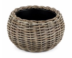 WDMT Rotan Plantenmand Bol Ø 29 x 19 cm - Ronde Drypot Bloempot met Waterdichte Binnenpot - Handgemaakte Plantenbak - Grijs