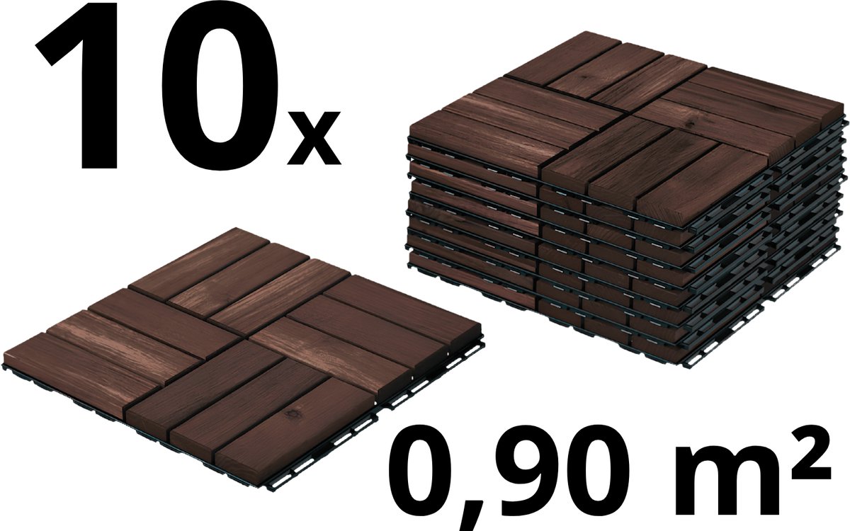Terrastegels - Acaciahout - 10 Stuks - 0.90 m² - Donkerbruin - 12 Latjes - Vlondertegels - Balkontegels - Makkelijke en Snelle Montage