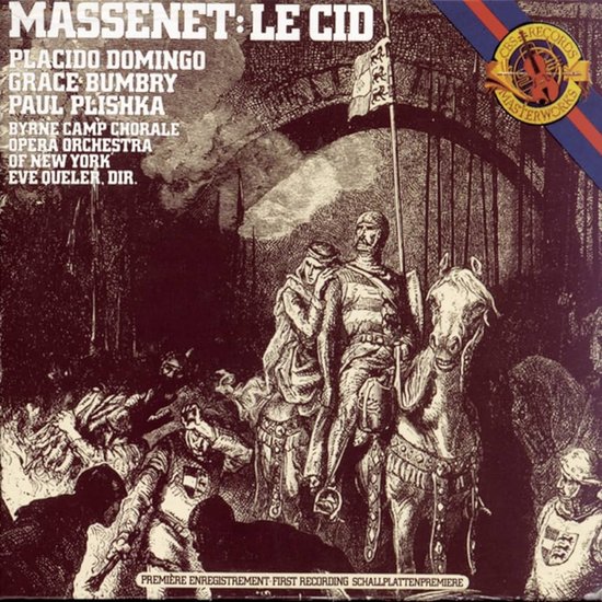 Albumcover met een gravure van ridders te paard en soldaten, tekst Massenet Le Cid met de namen van de artiesten.