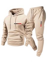 Crème fitness trainingspak heren hoodie en jogging broek sport pak met capuchon trekkoord elastische tailleband trainings set vrijetijds pak maat M