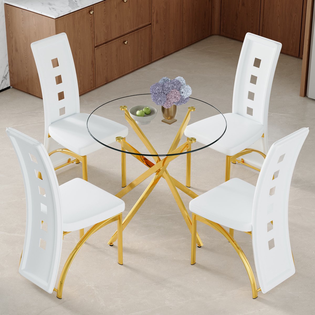 MODENUIT Eettafelset 88 cm - Ronde Glazen Tafel Met 4 Stoelen - Voor Eethoek En Keuken - Metaal En PU Wit Goud Transparant, Wit En Goud