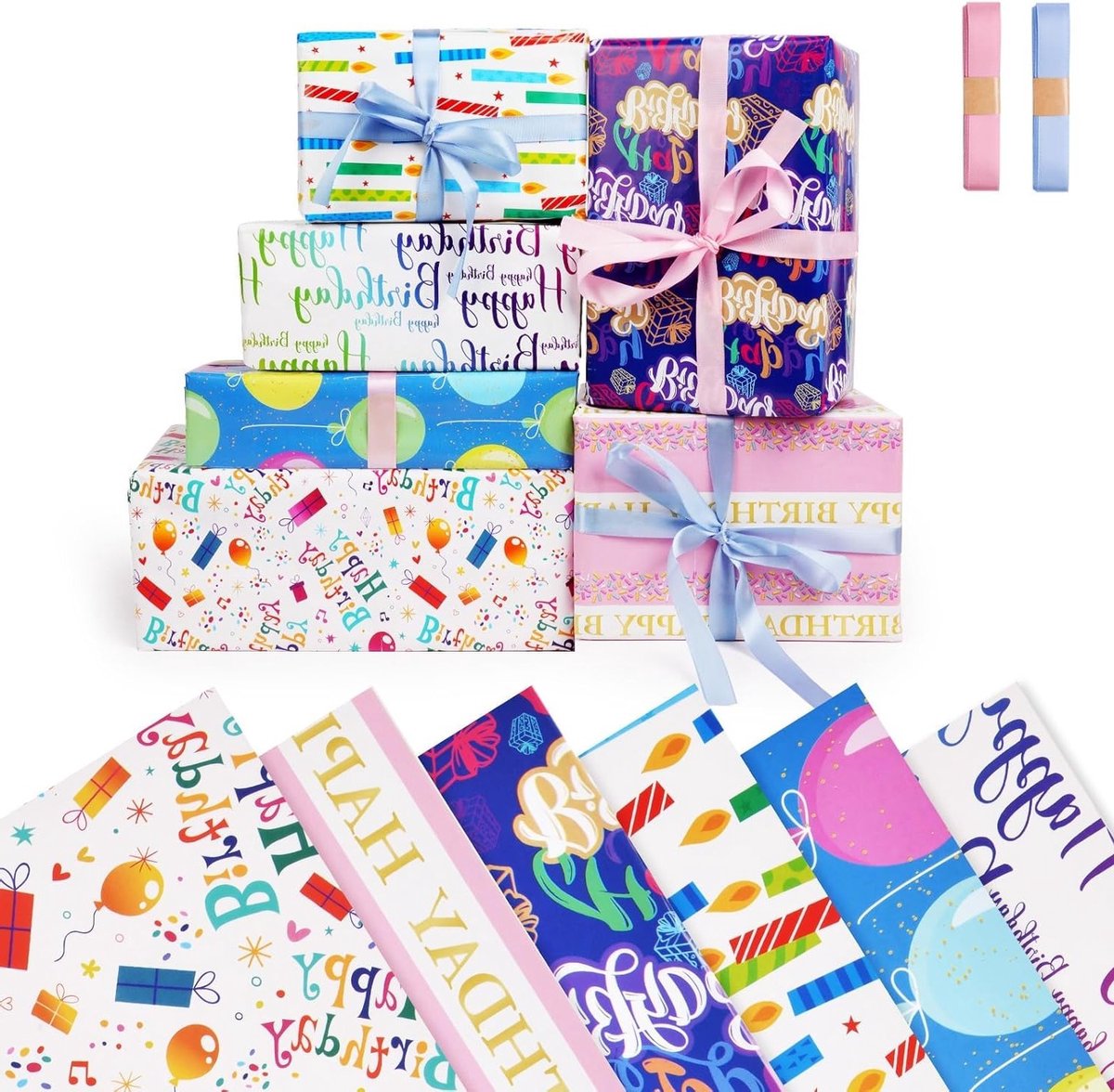Multifunctioneel Inpakpapier voor Verjaardag en Bruiloft - 6 Stuks, Recyclebaar, 50 x 70 cm, Inclusief 2 Touwen en Cadeaukaarten
