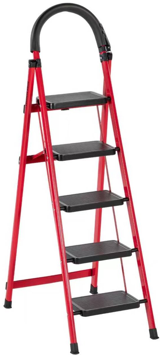 Foxsport Huishoudtrap 5 treden - Keukentrap - Inklapbaar - Trapladder - Anti-Slip - veiligheid - Lichtgewicht - Max. Werkhoogte 300cm - Rood