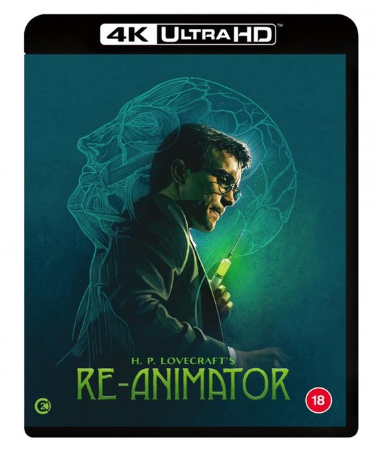 4K Ultra HD Blu-ray hoes van H.P. Lovecraft's Re-Animator. Een man met een injectiespuit en een blauwdruk van een hoofd op de achtergrond.