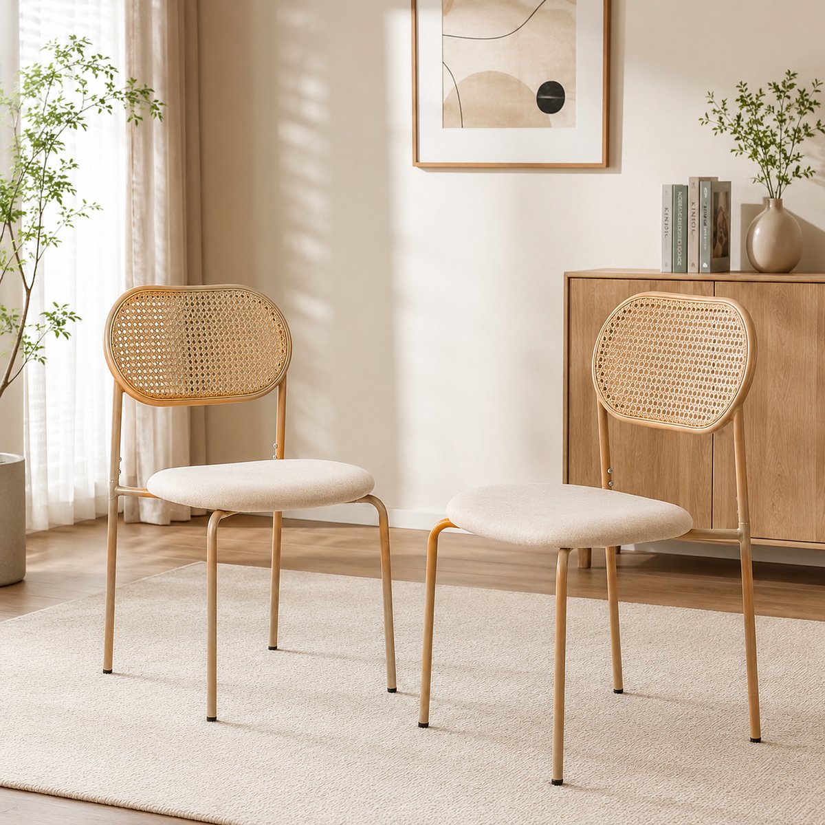 Set van 2 Gestoffeerde Eetkamerstoelen met rotan rugleuning, metalen frame, maximaal draagvermogen 150 kg, Modern eetkamerstoel voor woonkamer en eetkamer, Naturel