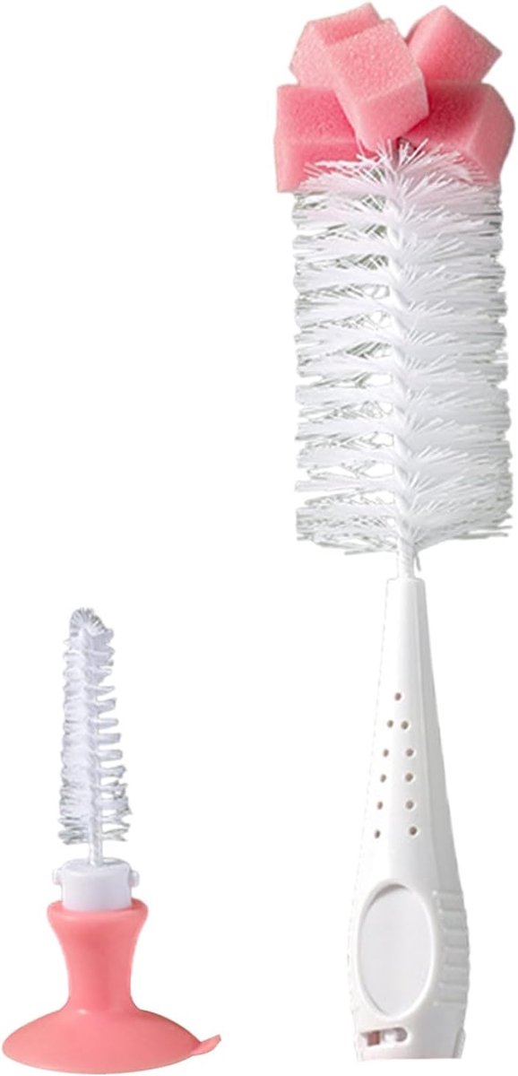 Flessenborstel - Spons reiniger - Flessen schoonmaken - Zuignap basis - 27.5 cm - Roze