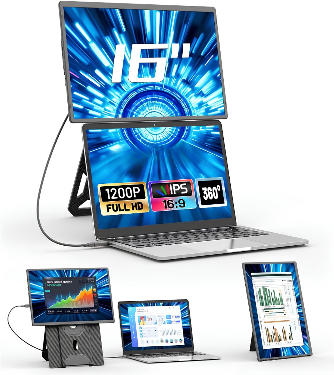 KAD® Portable Monitor - 16 Inch- Draagbare Monitor - Draagbaar Scherm - Zwart - 37cm x 24cm x 3cm