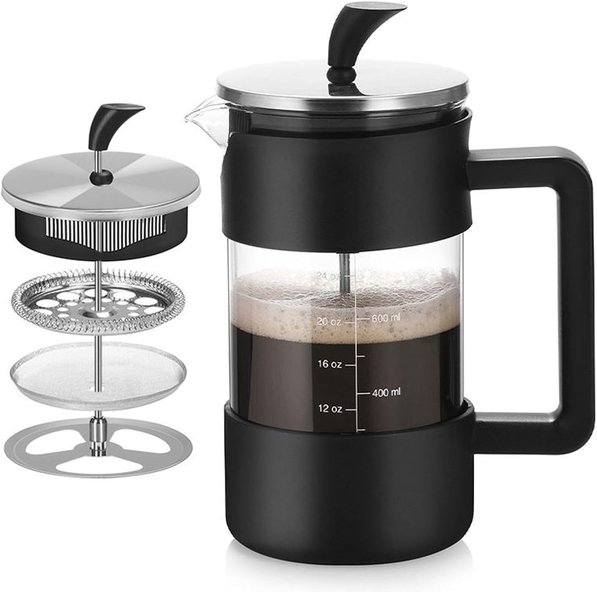 Koffiemaker met Franse pers - Glazen koffiezetter - Koffie bereiden - Hittebestendig ontwerp - 1 liter - Transparant