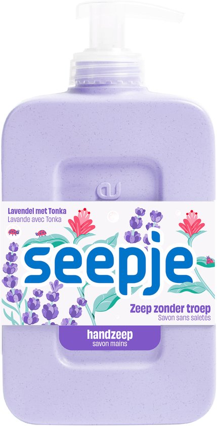 Lichtpaarse Seepje handzeep met lavendeldecoratie en de tekst 'Zeep zonder troep'.