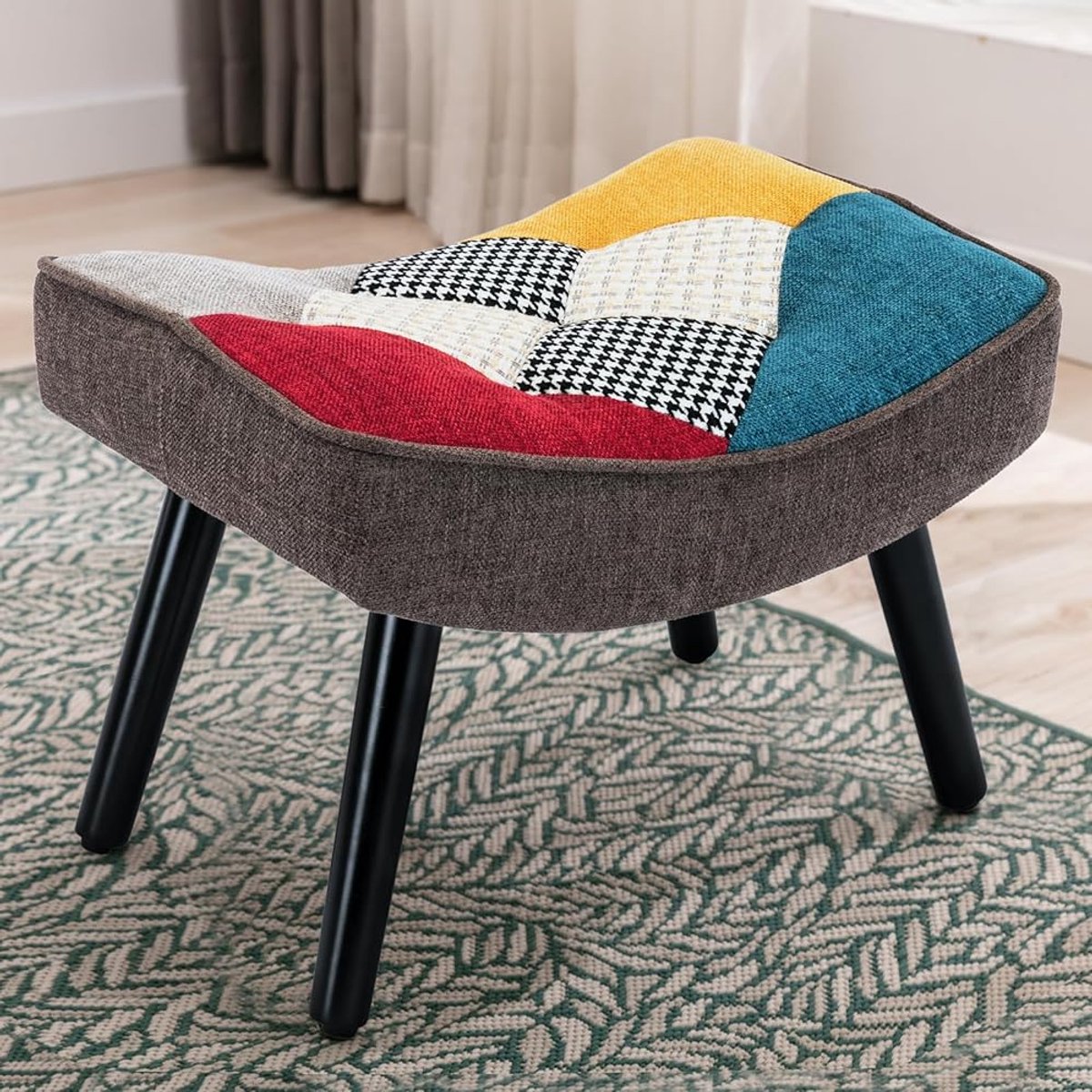 HomeMiYN Poef Patchwork – Kleurrijke Voetenbankje Hocker in Klassiek Design – Houten Frame Zitkruk – Vintage Ottoman Poef voor Woonkamer en Slaapkamer