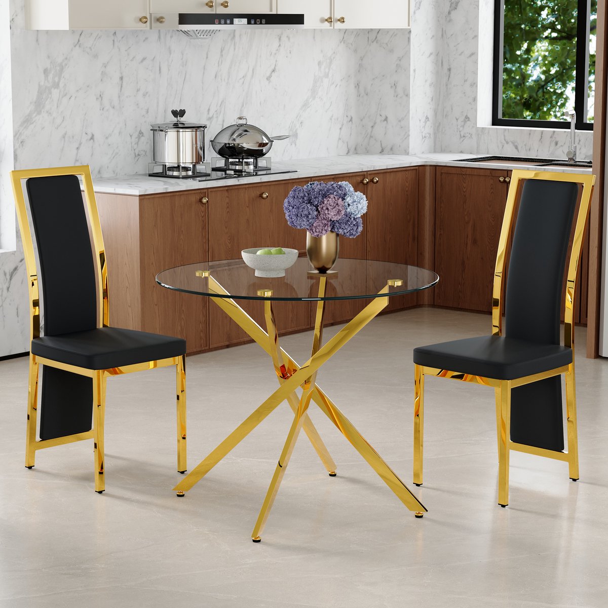 STILVORA Set Tafel En Stoelen Rond 88 Cm Met Glazen Tafelblad En 2 Zwarte Eetkamerstoelen Gouden Metalen Frame Modern