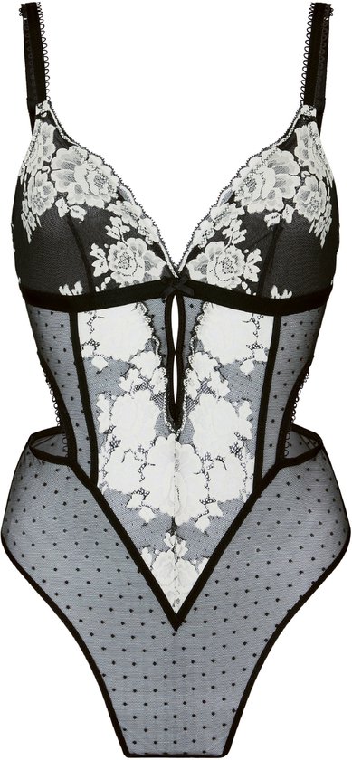 Zwarte body met bloemenbroderie in wit op de cups en voorkant. Transparante stof met stippen op de buik en zijkanten.
