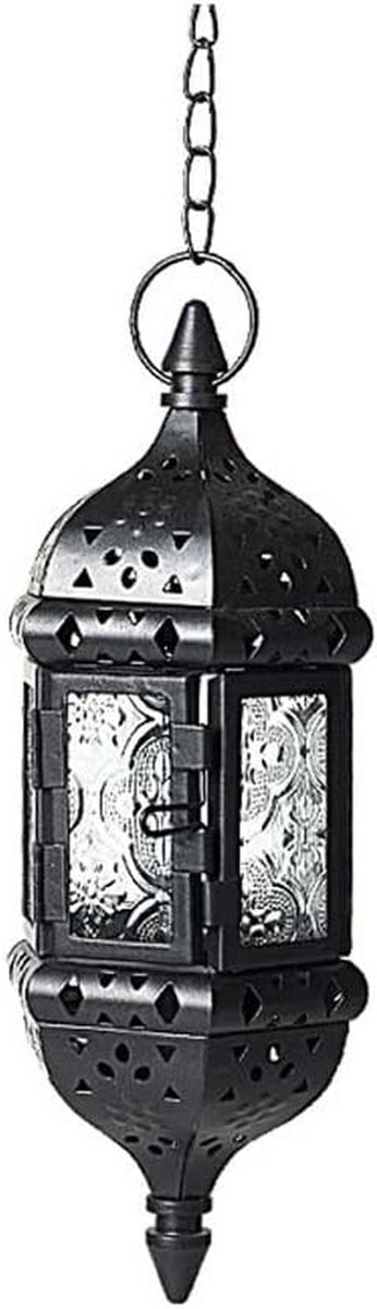 Kaarsenstandaard Lantaarn - Marokkaanse Stijl - Sfeervolle Decoratie - Metaal en Glas - 9x23 cm - Zwart