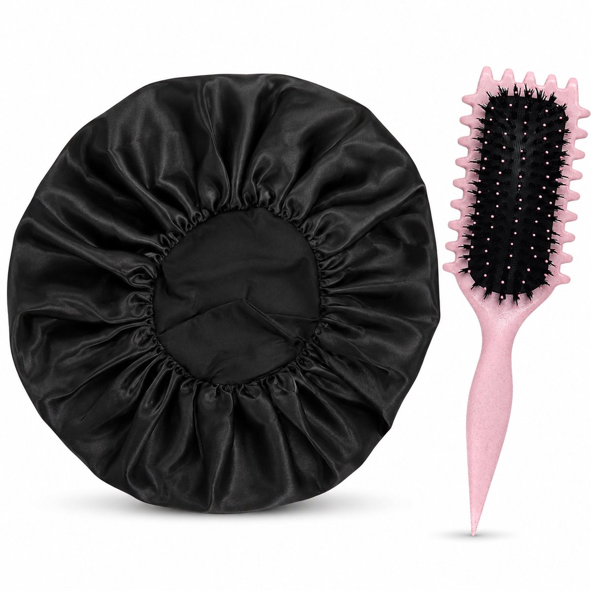 Satijnen Slaapmuts XL - Dubbelzijdig Satijn - Bonnet voor Krullen, Lang Haar & Vlechten - Extra Groot - Inclusief Haarborstel - Zwart