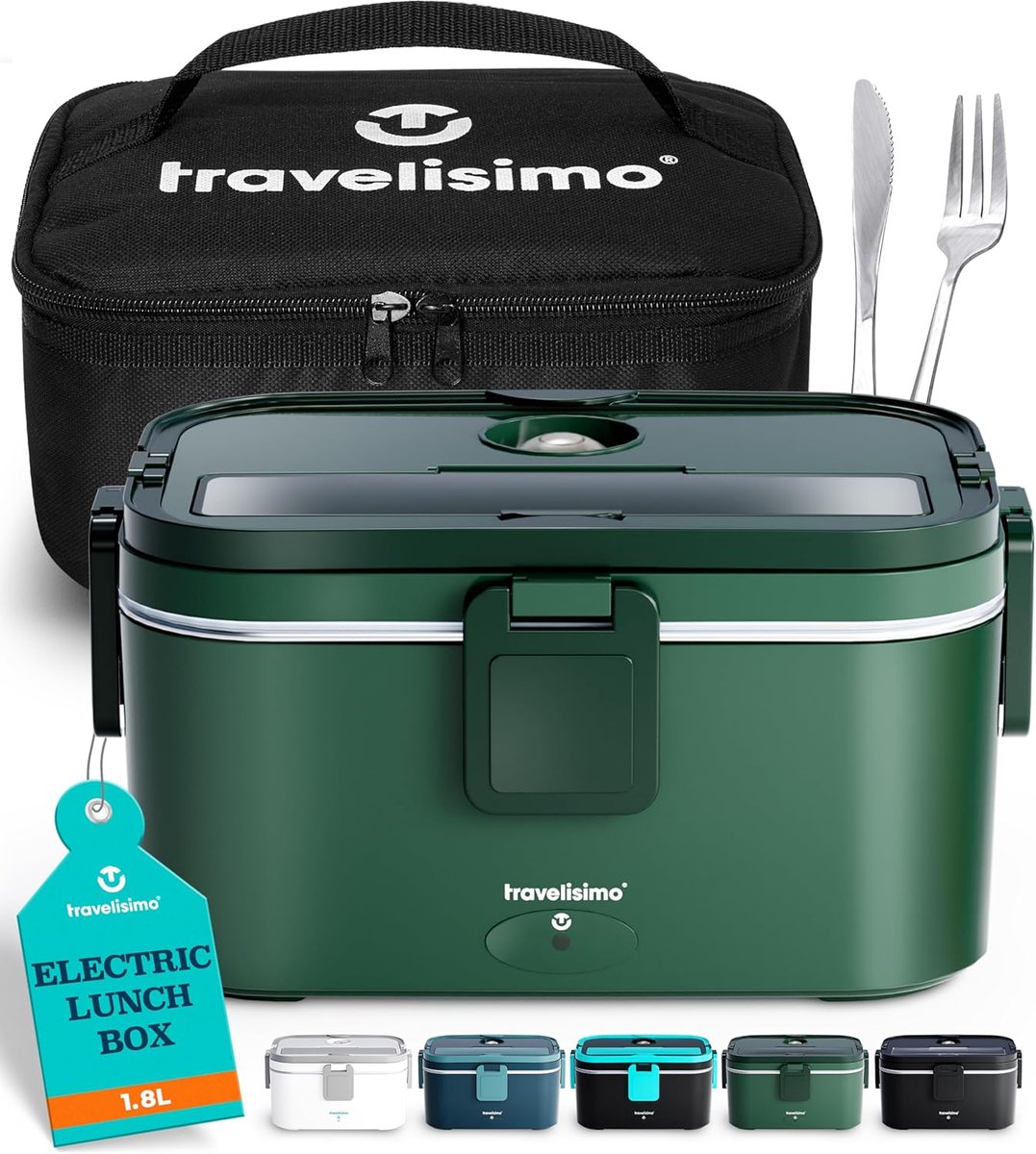 SnelShoppen - TRAVELISIMO XXL Elektrische Lunchbox 1,8 L - Verwarmbare 3-in-1 Lunchbox voor Werk, Auto, Vrachtwagen - 100 W, 12V/24V/220V, Extra Groot