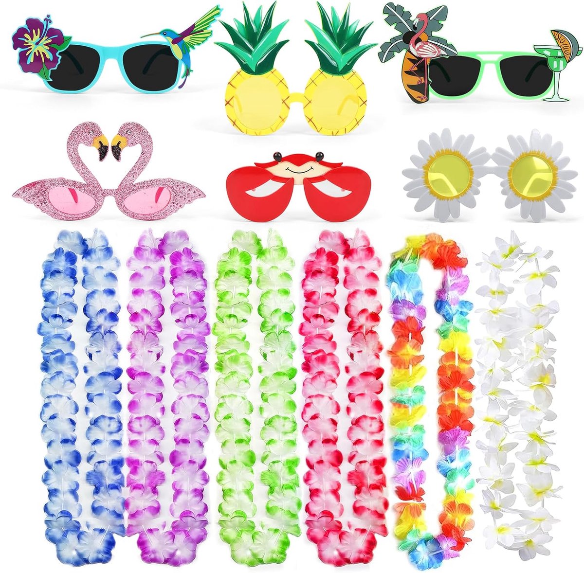 SnelShoppen - 6 Hawaïse zonnebrillen en 6 bloemenkettingen voor zomerfeesten, strand, zwembad, kleurrijk en feestelijk, ideaal voor kinderen en volwas