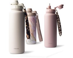 SnelShoppen - MAMEIDO Thermosfles met Rietje 1,2L Ivoorbeige | Lekvrije Drinkfles met 2-in-1 Sportdeksel, Afneembaar Rietje en Draaglus voor Sport, Ca