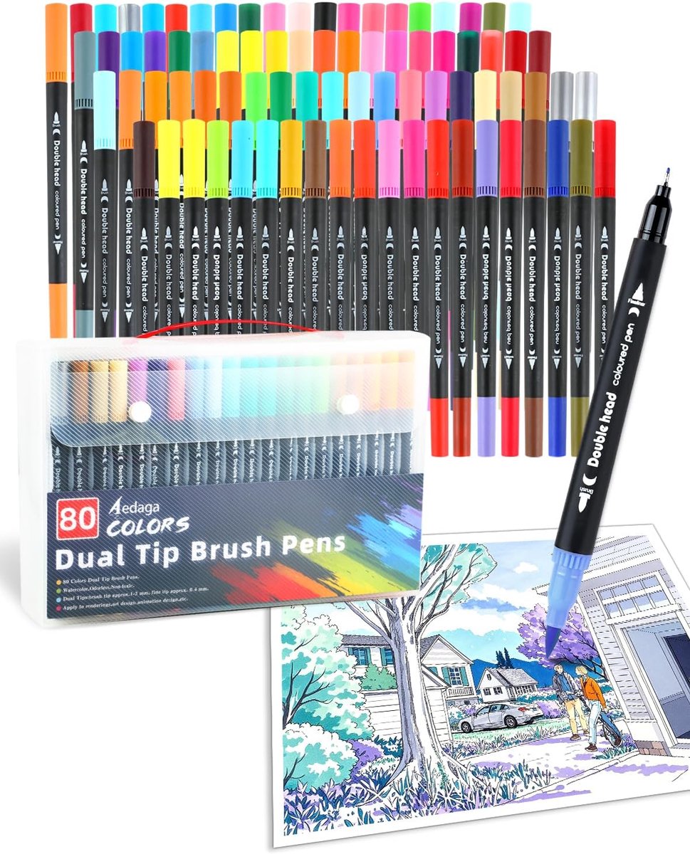 SnelShoppen - 80 Kleuren Viltstiften Set met Dubbele Punt, Dual Brush Pen Set voor Kalligrafie, Lettering, Bullet Journal en Schetsen | Veilig, Niet G