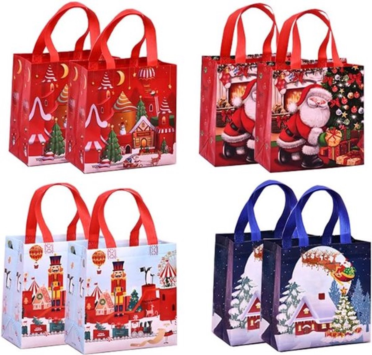 8 stuks herbruikbare kerstcadeautassen met handvat, kleurrijke boodschappentassen voor kerstdecoraties en cadeaus