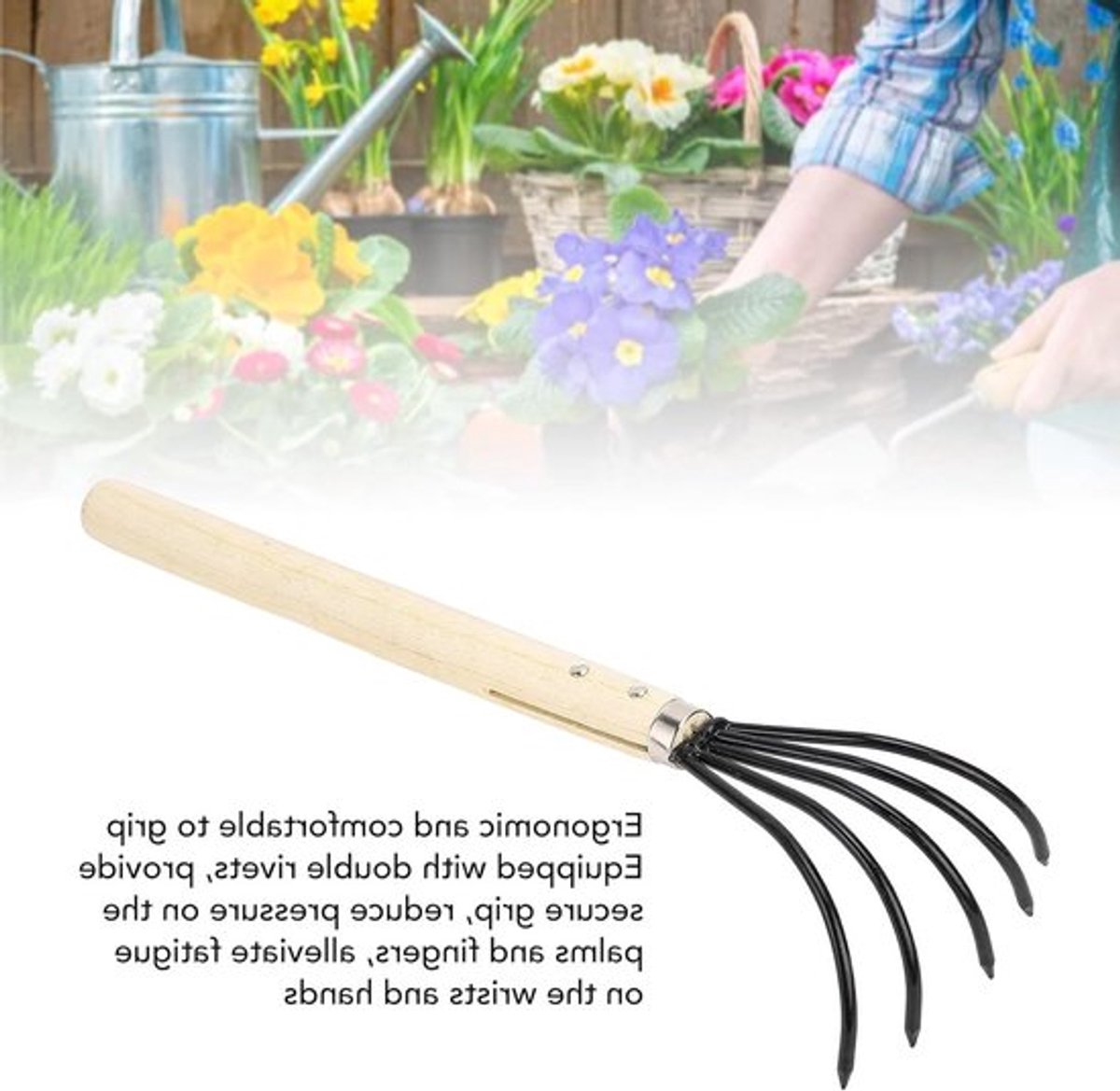 Ergonomische handhark met 5 stalen tanden en houten handvat voor tuinieren, grondbewerking en beluchting van de aarde