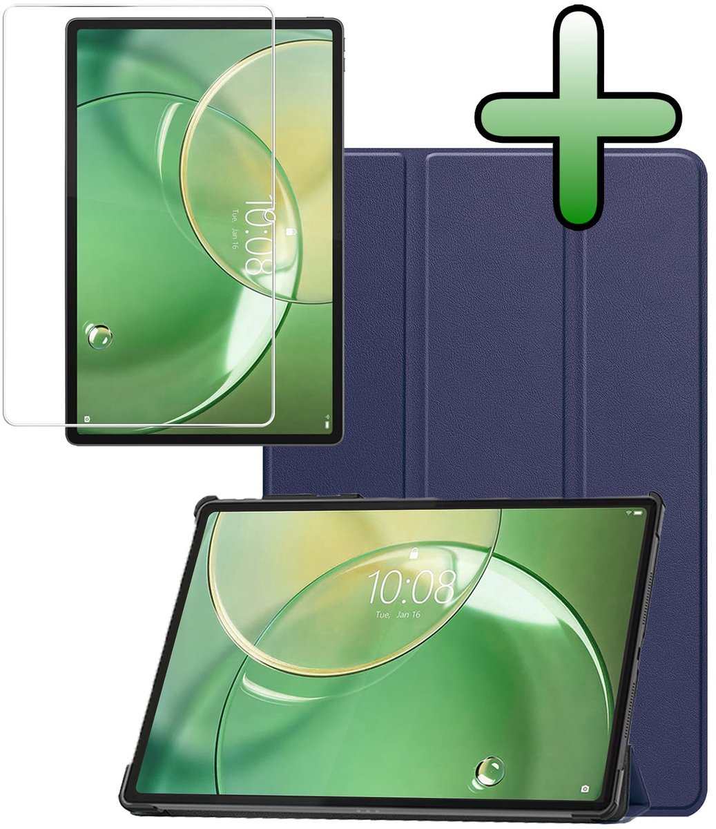 Hoesje Geschikt voor Lenovo Idea Tab Pro Gen 2 - Met Screenprotector - Trifold Bookcase - Hard Cover - Hardcover Book Case - Tablet Hoes - Donkerblauw