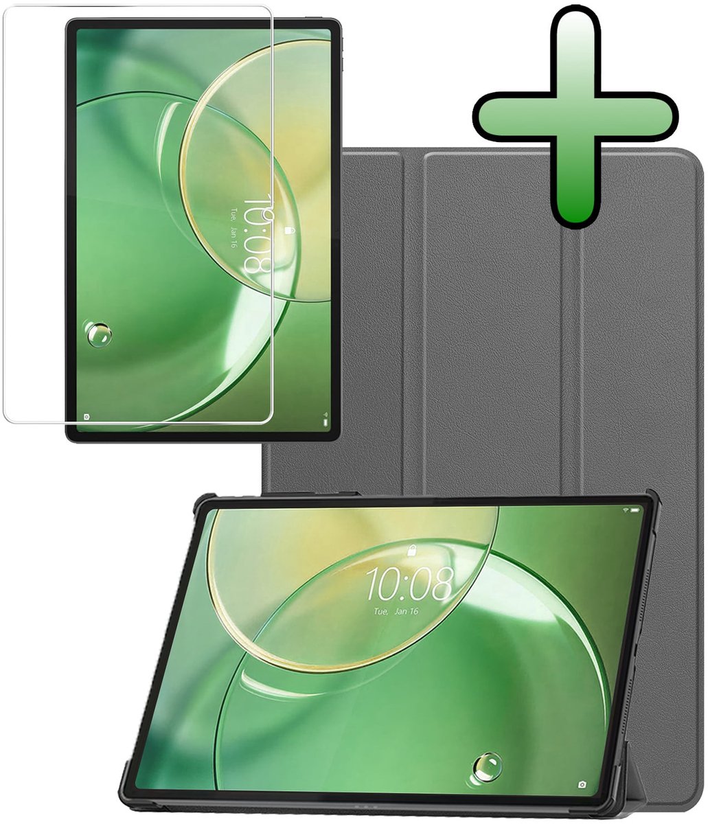 Hoesje Geschikt voor Lenovo Idea Tab Pro Gen 2 - Met Screenprotector - Trifold Bookcase - Hard Cover - Hardcover Book Case - Tablet Hoes - Grijs