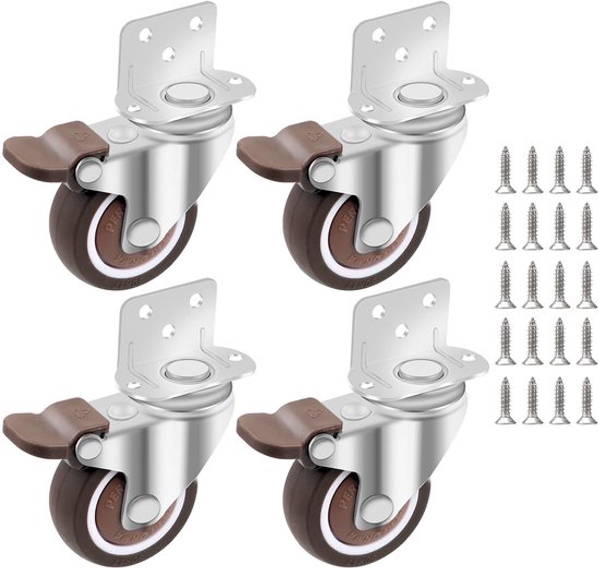 Meubelwielen 50 mm - Zwenkwielen met Rem - Rubber Wielen - Beugel/Platen 42 x 35 mm - Draagvermogen 27 kg - Schokabsorberend - Transportwielen