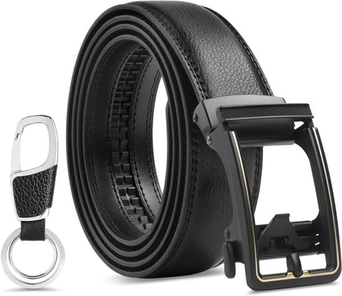 Automatische herenriem met ratelsluiting en lederen band, zakelijke riem voor mannen, 130 cm, inclusief sleutelhanger en geschenkdoos - Zwart.